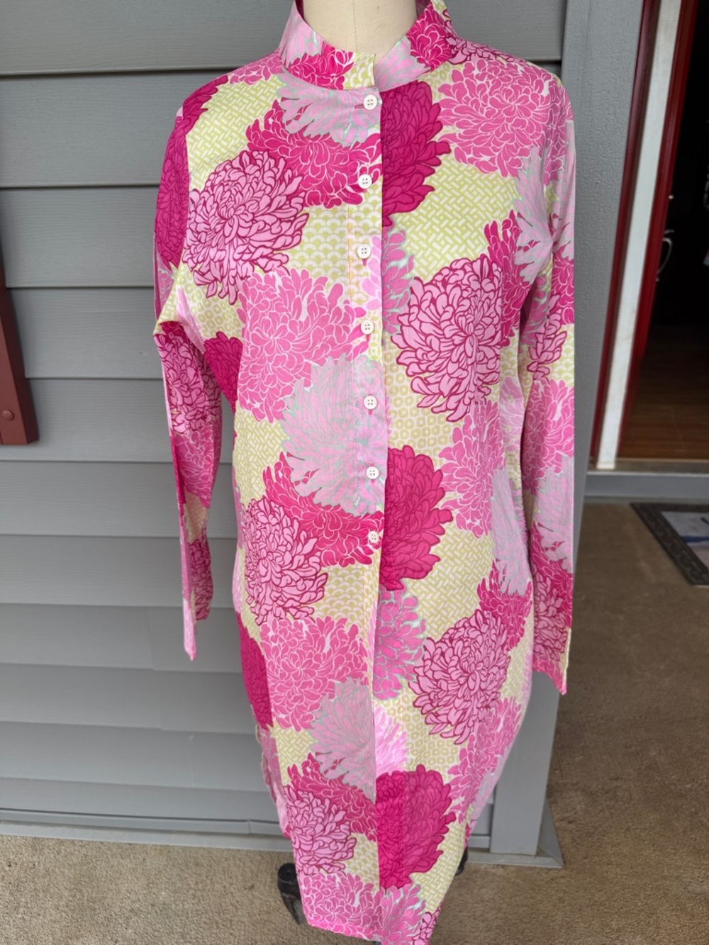 Manuel Canovas Pink Floral Button-Front Long Tunic Dress Large